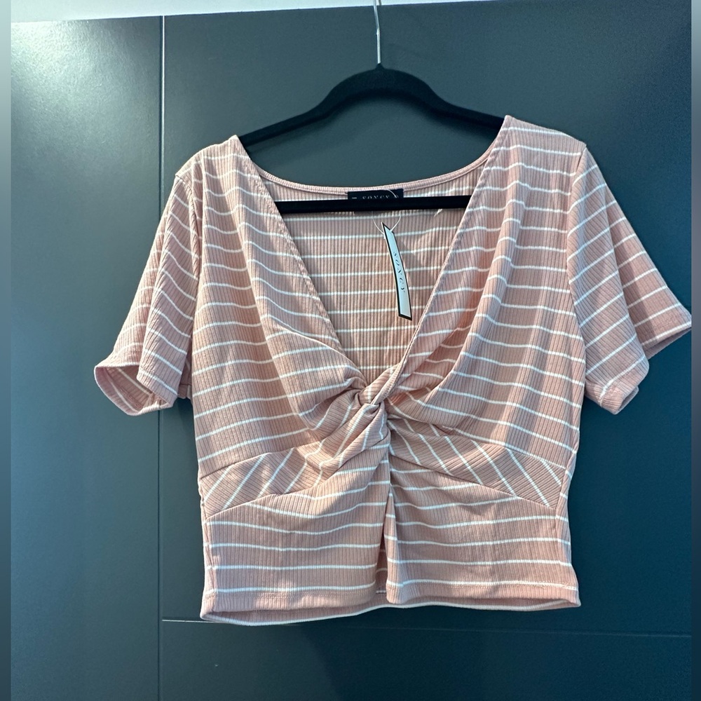 Soncy knot front short sleeve top pink and white stripe ribbed crop NWT Sz 14/16